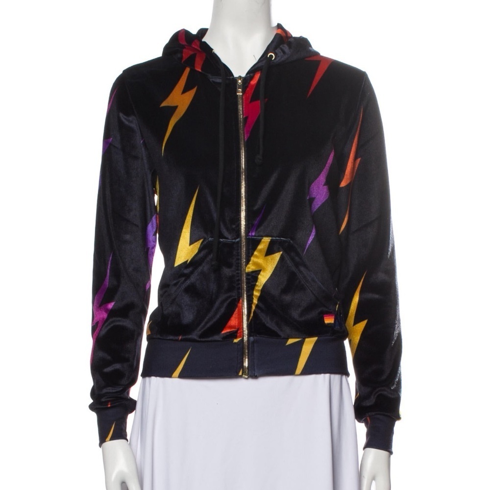 Aviator Nation bolt repeat zip velour hoodie black XS